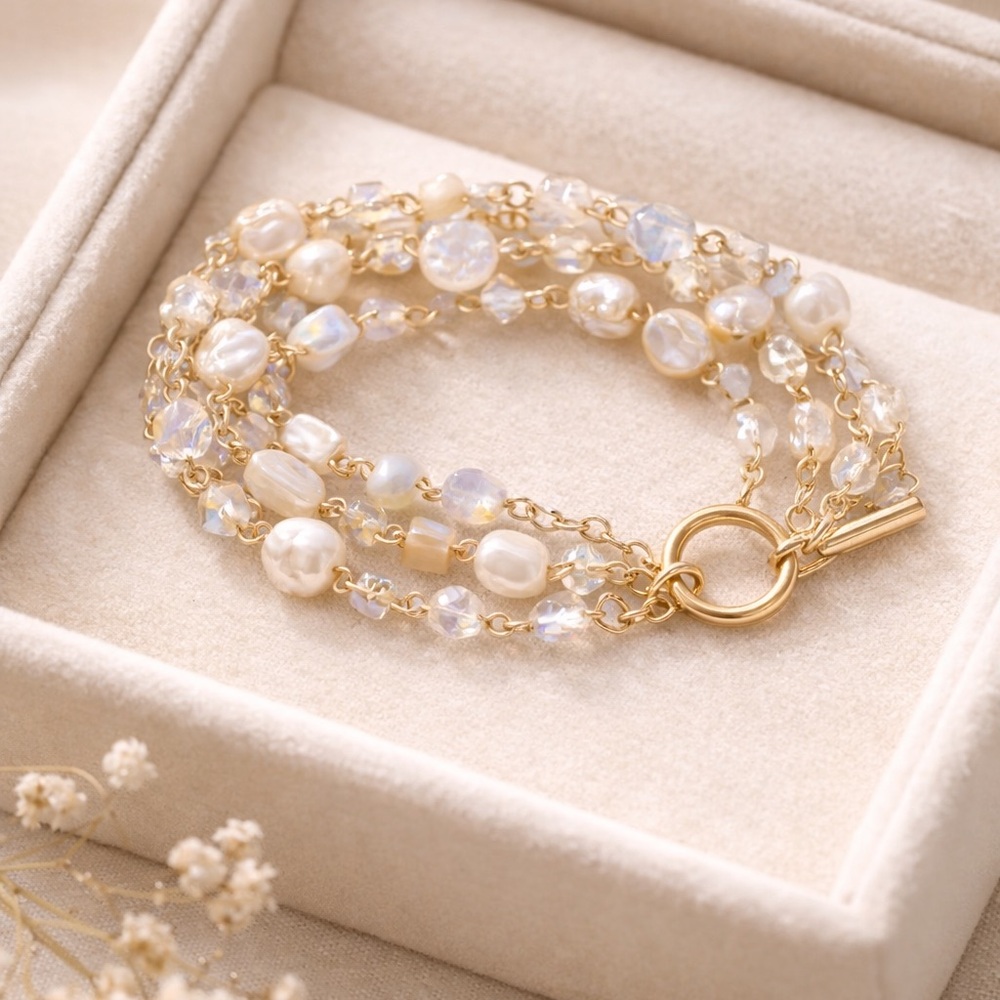 Cookie Lee Freshwater Pearl Moonstone Multi-Strand Bracelet Gold Toggle Crystal